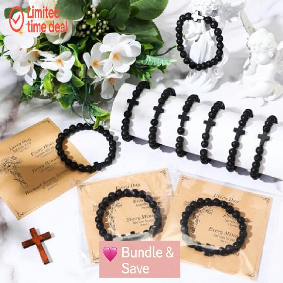 12 Natural Stone Cross Bracelets Set Christian Gift Stretch Fit - Picture 4 of 8